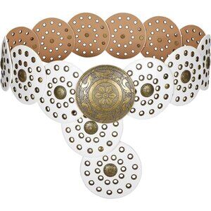 Women Boho Disc Belt Wide Western Leather Belt Vintage Concho Waist Belts White
